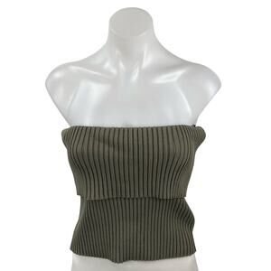 Zara Women's Green Ribbed Knit Sleeveless Strapless Tube Bandeau Slim Crop Top L